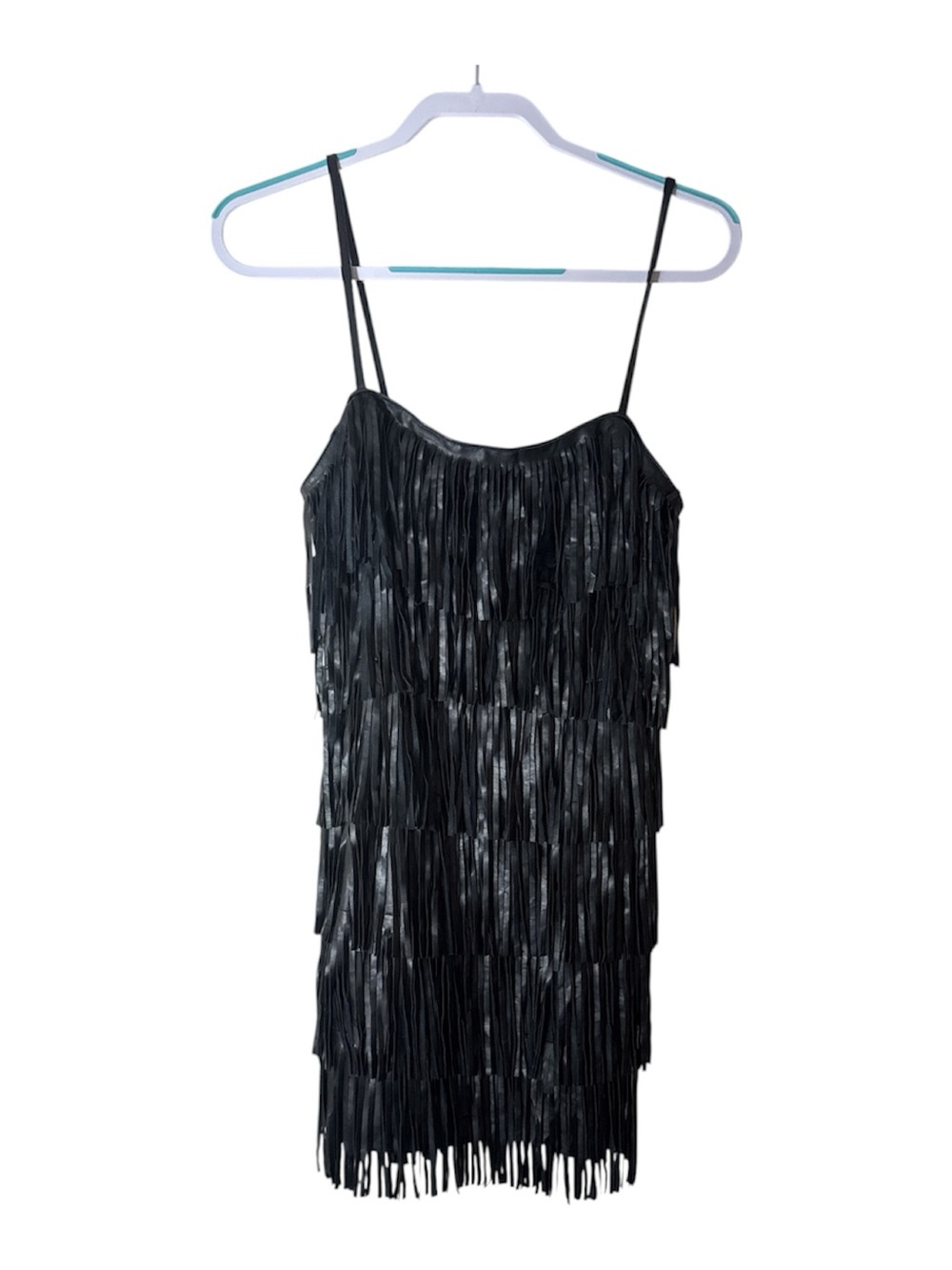 PrettyLittleThing Black Fringe Leather Look Mini Dress Size 4